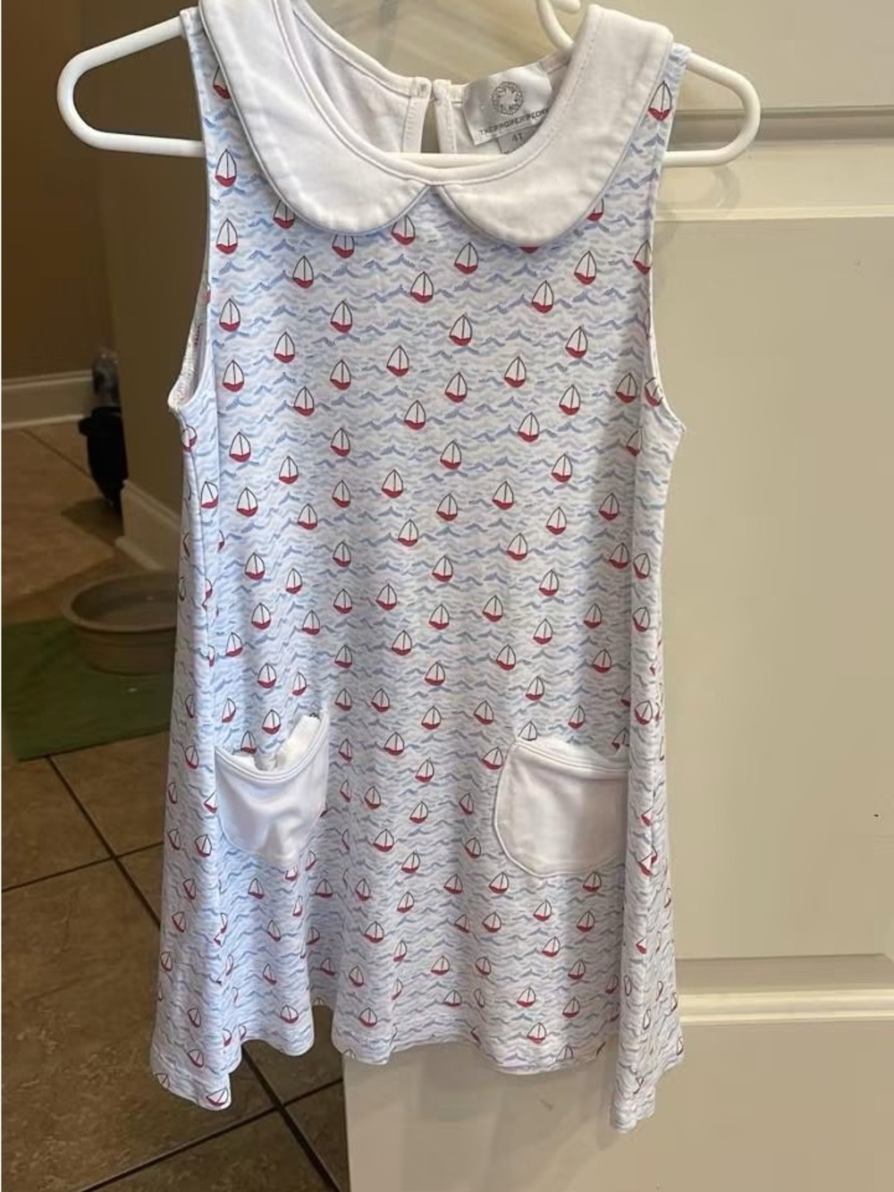 Girls White Sailboat Print Peter Pan Collar Dress
